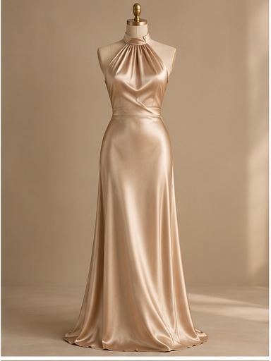 Hình minh họa concept: Đầm satin champagne cổ yếm dáng maxi mềm rủ